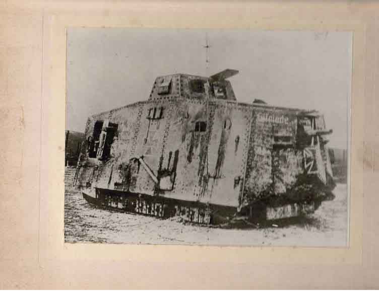 Abandoned German tank Elfriede, which was recovered from a quarry, some 50 yards in front of the French front line below Villers Bretonneux by 2Lts Ashworth & Gibbings of the Tanks Corps.